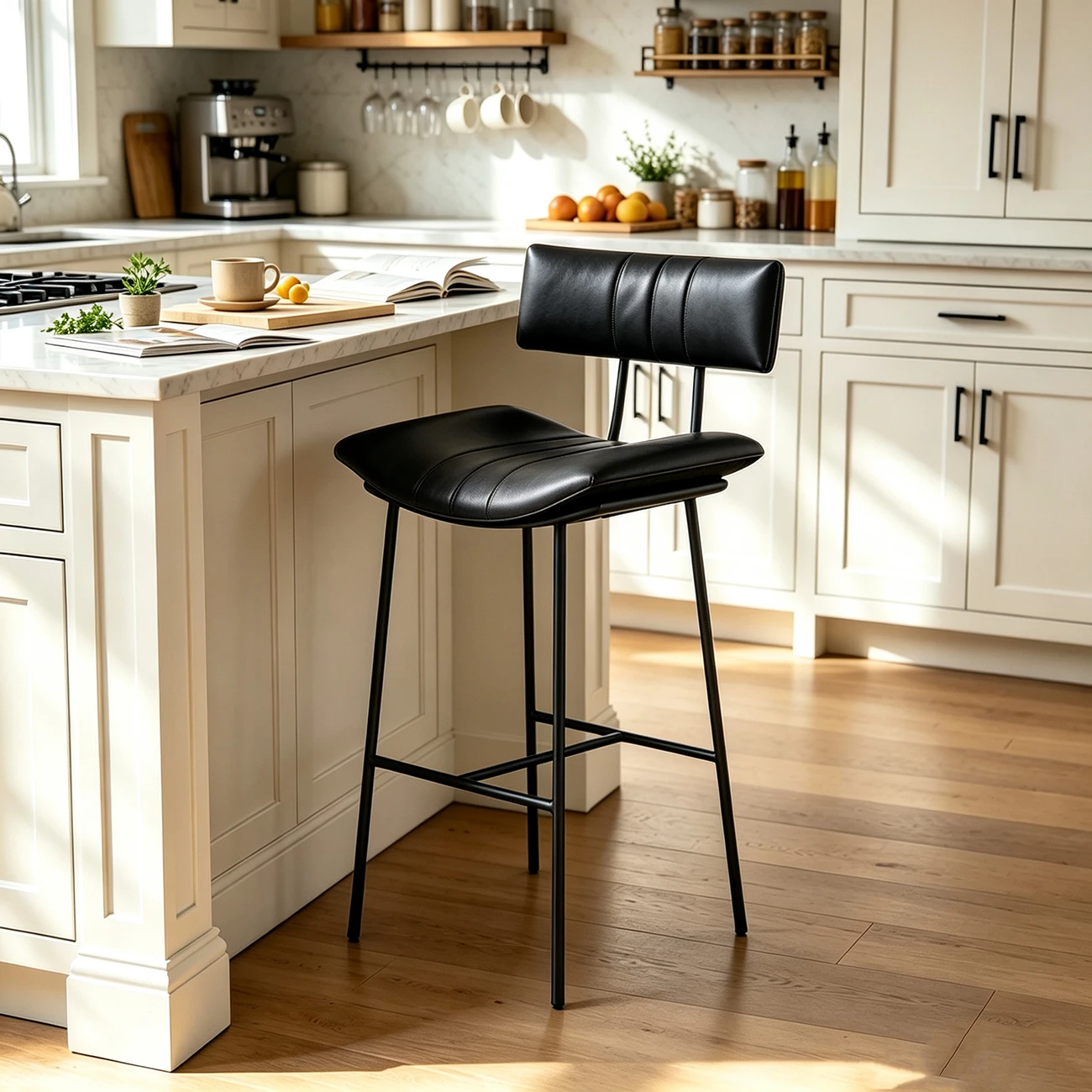 Mid-century Modern Curved Faux Leather Counter Stool With Backrest Image - 9 | homeyfad