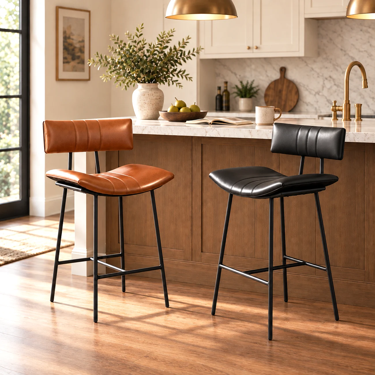 Mid-century Modern Curved Faux Leather Counter Stool With Backrest Image - 1 | homeyfad