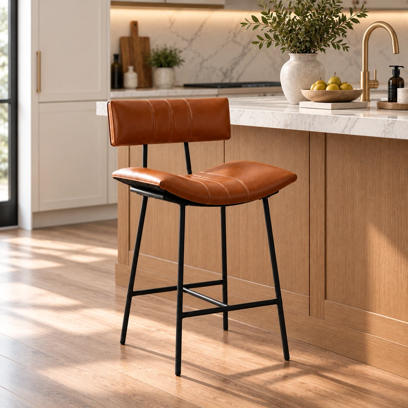 Mid-century Modern Curved Faux Leather Counter Stool With Backrest Image - 11 | homeyfad