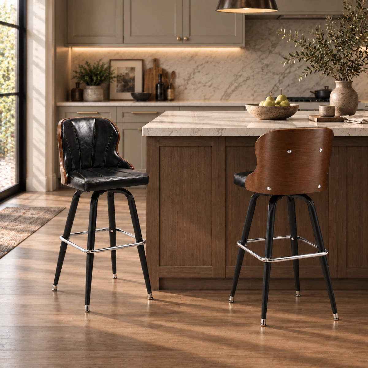 Black Counter Stool (24"H) 2 Piece Set Set Of 2 Vintage Oil-wax Leather Bar Stool With Solid Wood Backrest Image - 1 | homeyfad