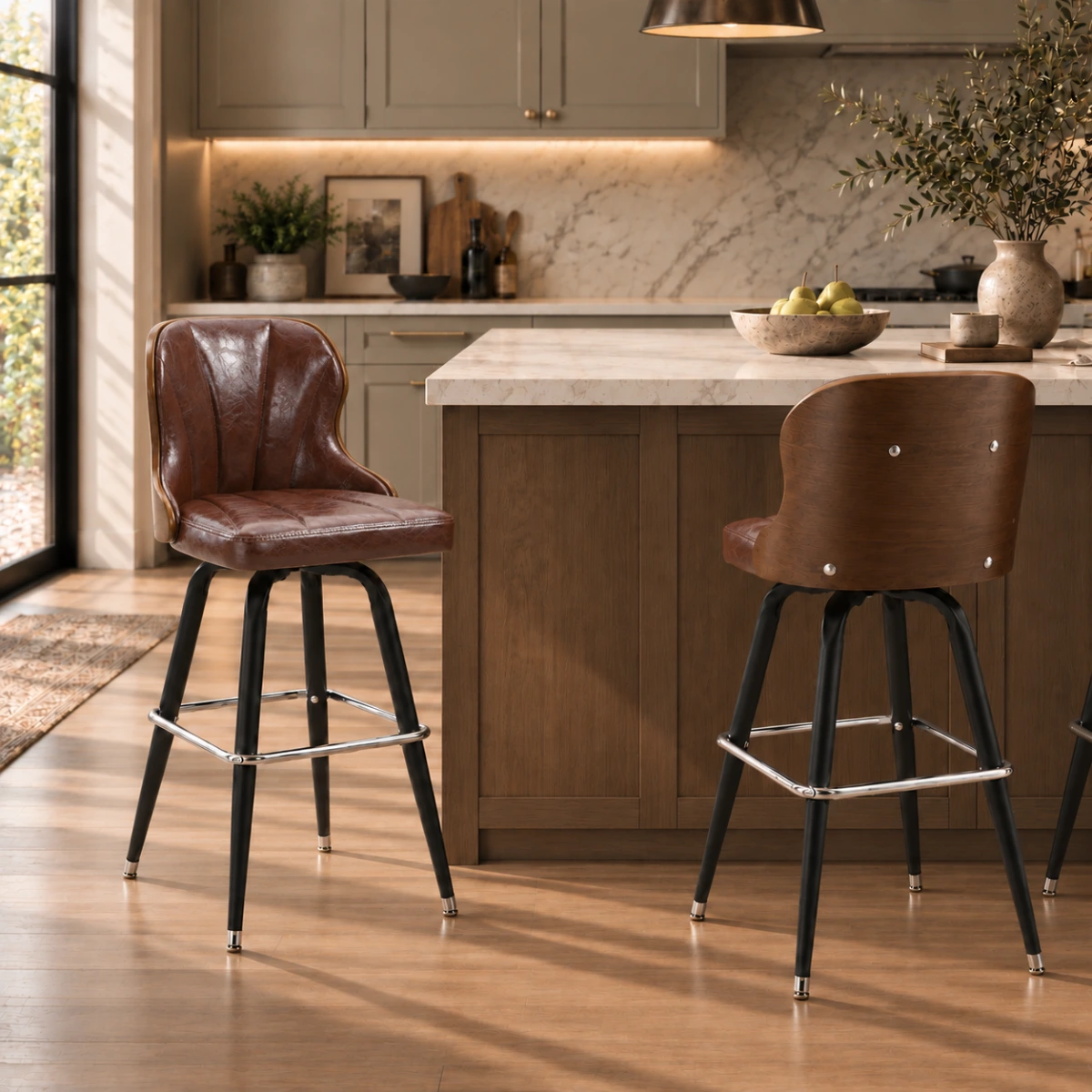 Brown Counter Stool (24"H) 2 Piece Set Set Of 2 Vintage Oil-wax Leather Bar Stool With Solid Wood Backrest Image - 3 | homeyfad