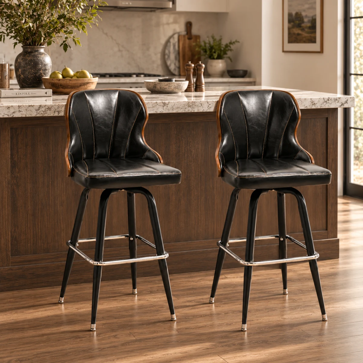 Black Bar Stool (28"H) 2 Piece Set Set Of 2 Vintage Oil-wax Leather Bar Stool With Solid Wood Backrest Image - 11 | homeyfad