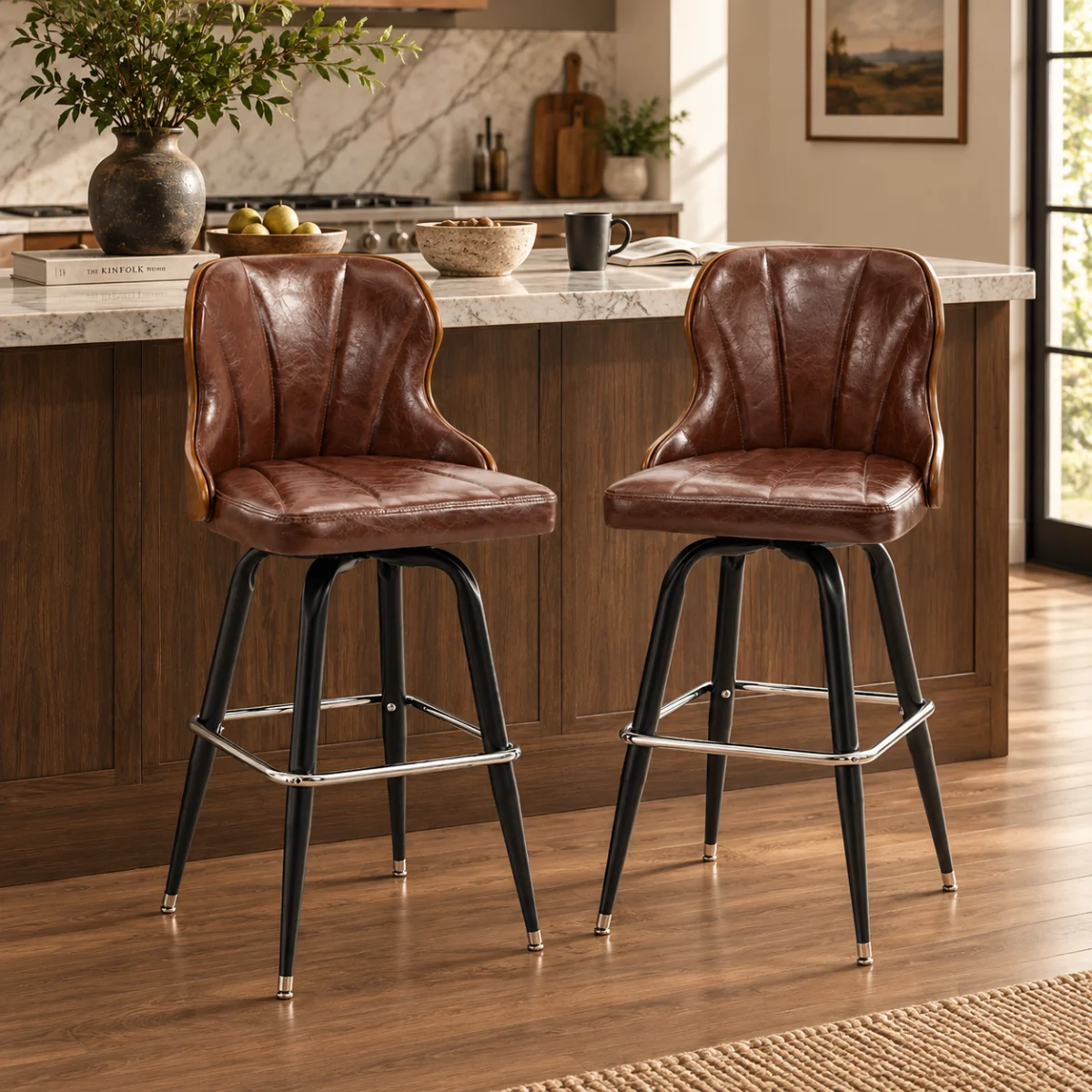 Brown Bar Stool (28"H) 2 Piece Set Set Of 2 Vintage Oil-wax Leather Bar Stool With Solid Wood Backrest Image - 12 | homeyfad