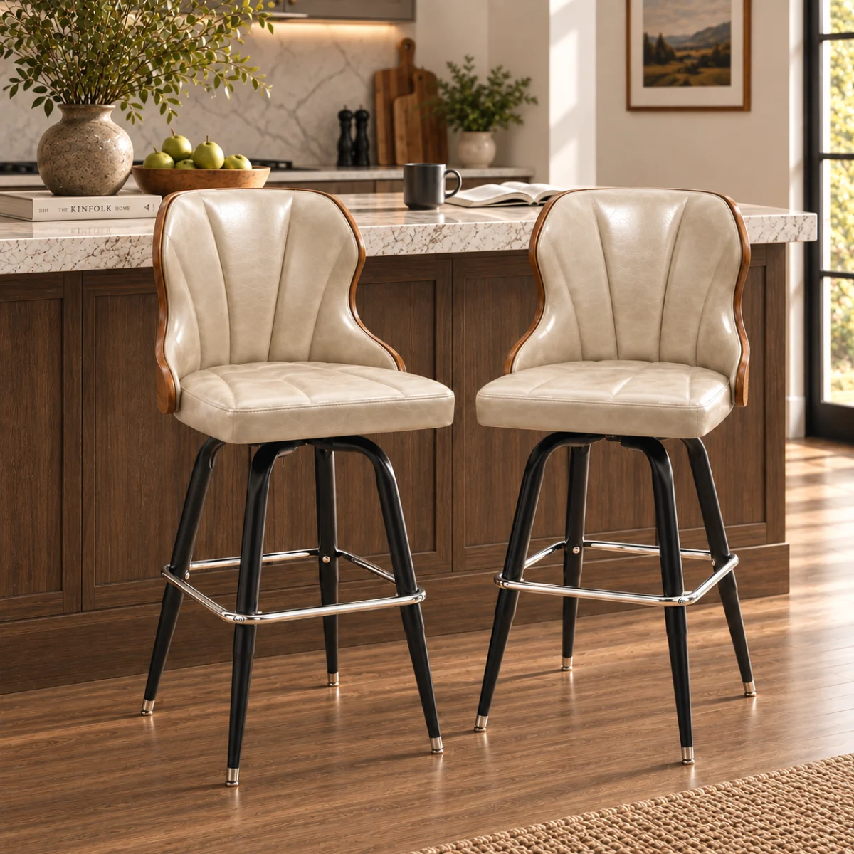 Ivory Bar Stool (28"H) 2 Piece Set Set Of 2 Vintage Oil-wax Leather Bar Stool With Solid Wood Backrest Image - 13 | homeyfad