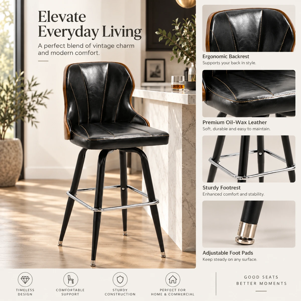 Set Of 2 Vintage Oil-wax Leather Bar Stool With Solid Wood Backrest Image - 4 | homeyfad