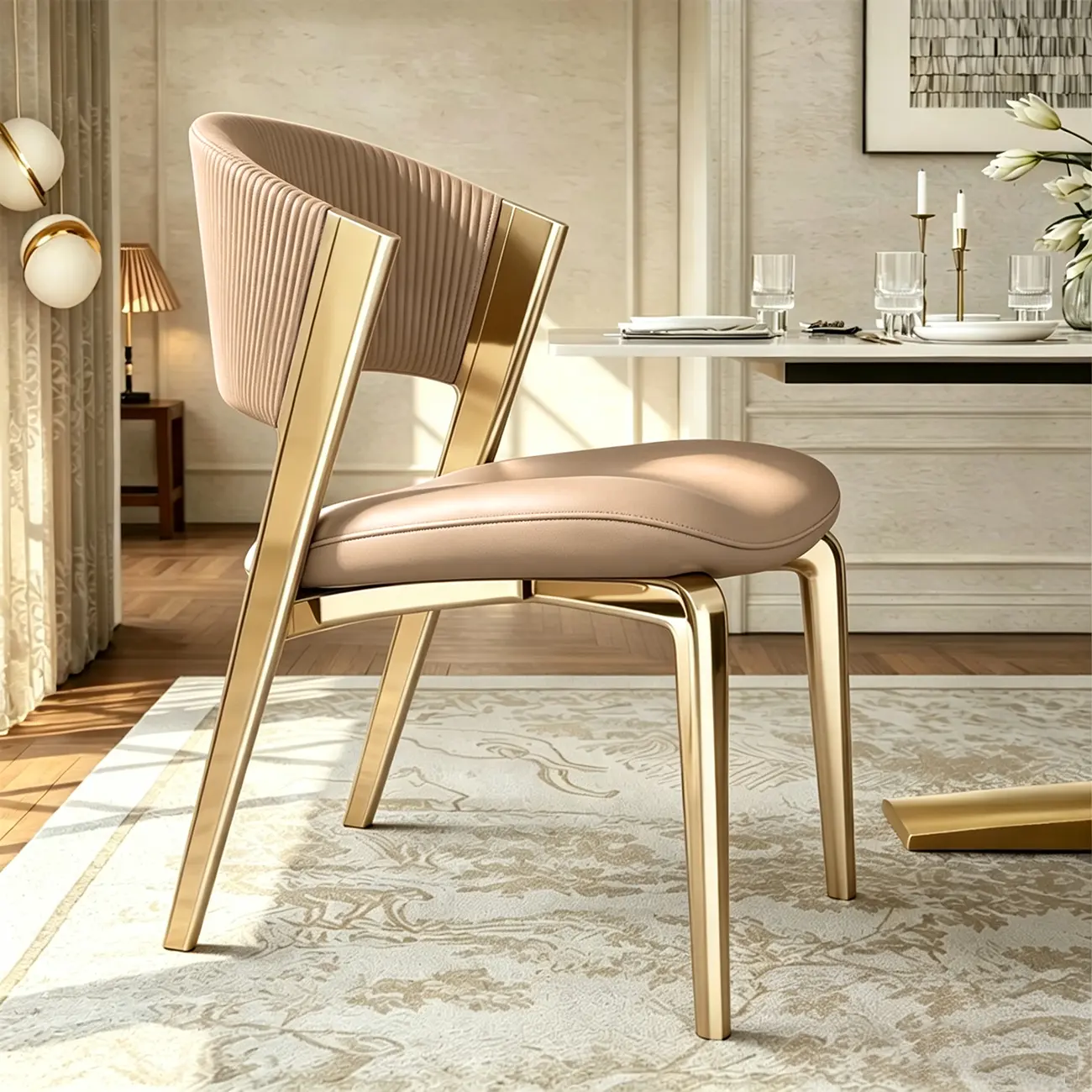 Champagne Gold Luxury Modern Curved Back Upholstered Faux Leather Dining Chair Image - 6 | homeyfad