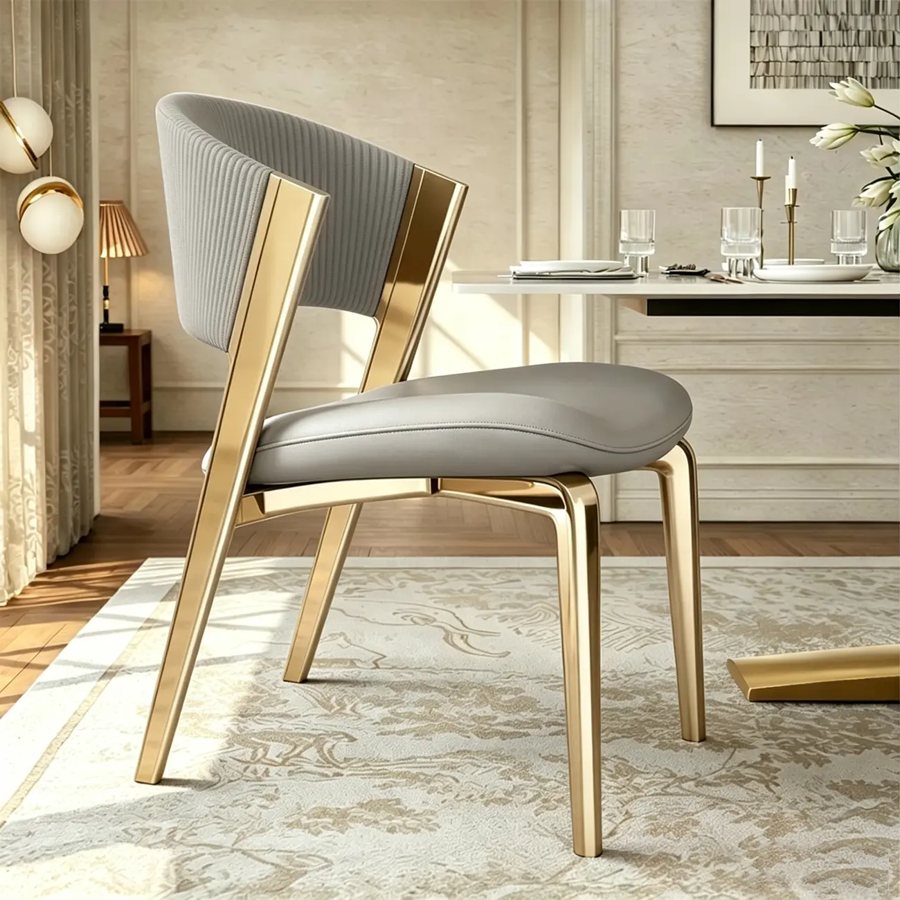 Grey Gold Luxury Modern Curved Back Upholstered Faux Leather Dining Chair Image - 7 | homeyfad
