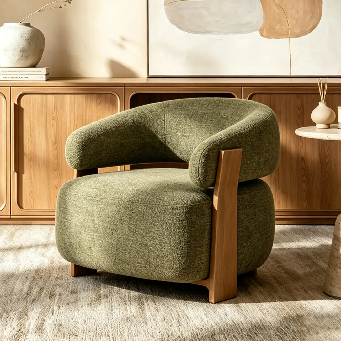 Mid-century Modern Green Chenille Upholstered Curved Lounge Chair Image - 1 | homeyfad