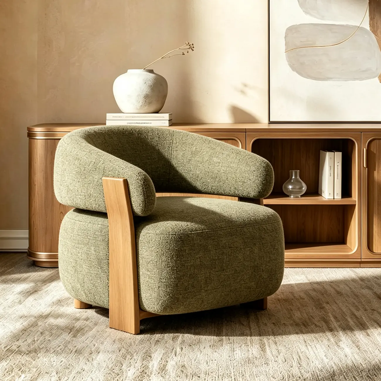 Green Mid-century Modern Green Chenille Upholstered Curved Lounge Chair Image - 3 | homeyfad