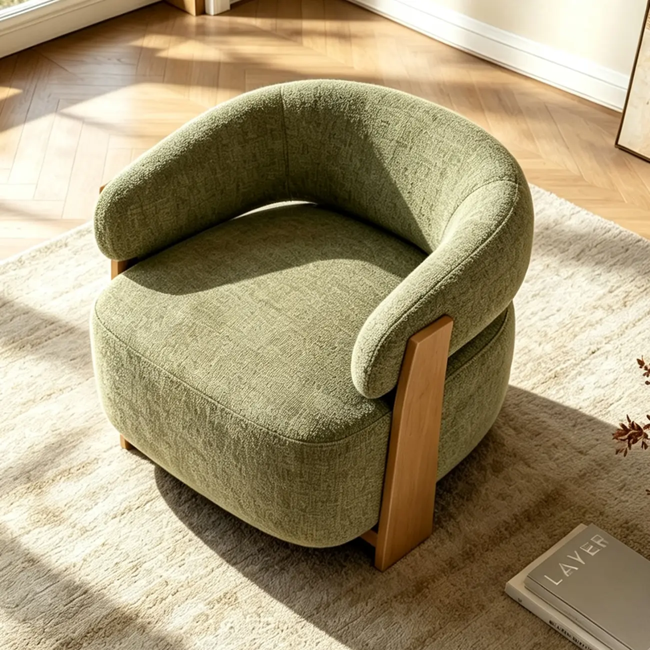 Mid-century Modern Green Chenille Upholstered Curved Lounge Chair Image - 4 | homeyfad