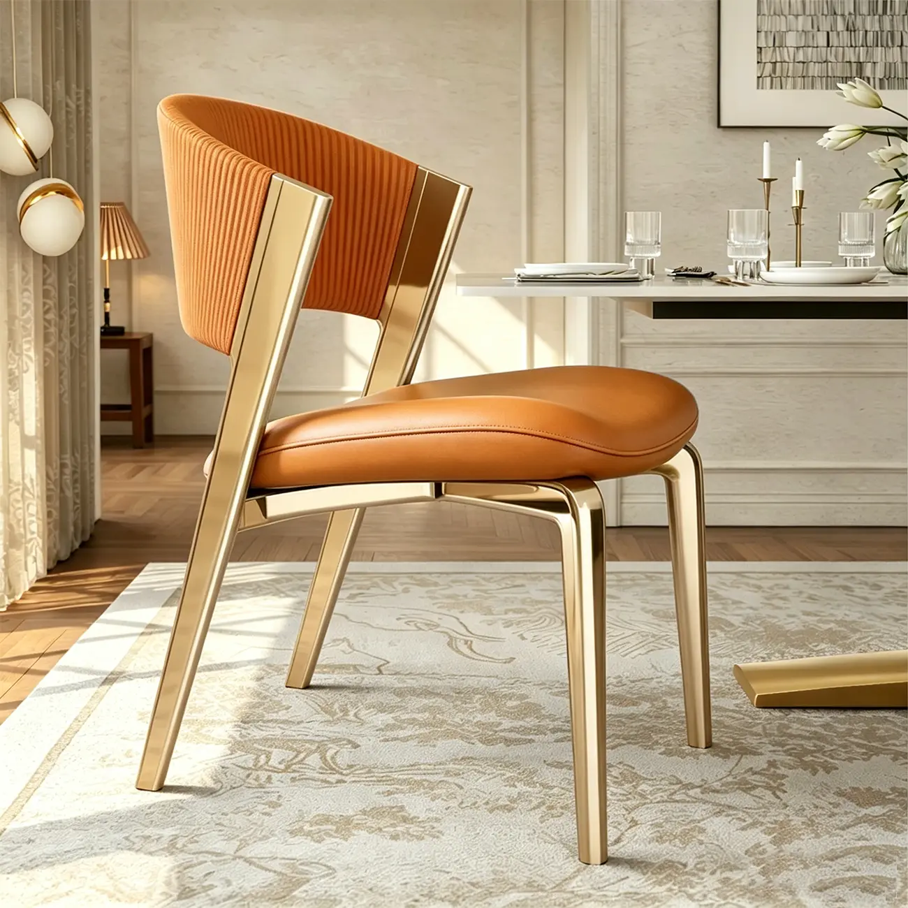 Orange Gold Luxury Modern Curved Back Upholstered Faux Leather Dining Chair Image - 8 | homeyfad