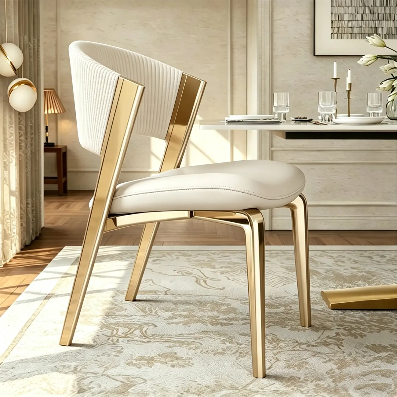Off-White Gold Luxury Modern Curved Back Upholstered Faux Leather Dining Chair Image - 1 | homeyfad