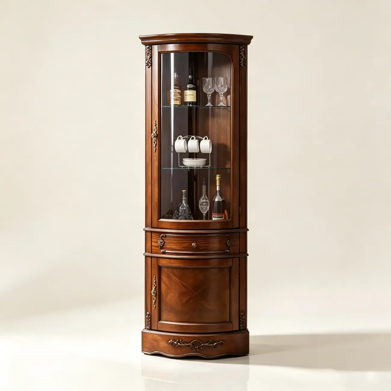 Cherry 16.5"W*16.5"D*74"H Traditional Solid Wood Corner Display Wine Cabinet With Glass Door Image - 11 | homeyfad