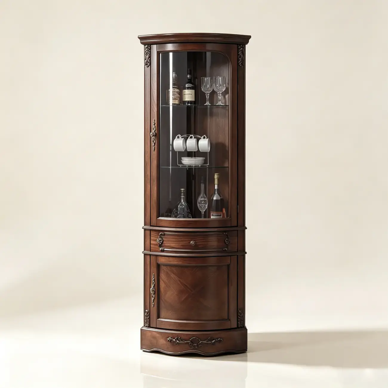 Walnut 16.5"W*16.5"D*74"H Traditional Solid Wood Corner Display Wine Cabinet With Glass Door Image - 12 | homeyfad