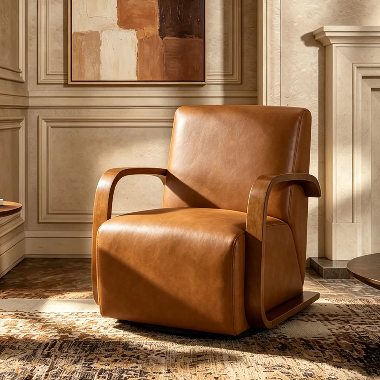 Vintage Brown Faux Leather Swivel Accent Chair with Curved Wood Arms Image - 1 | homeyfad