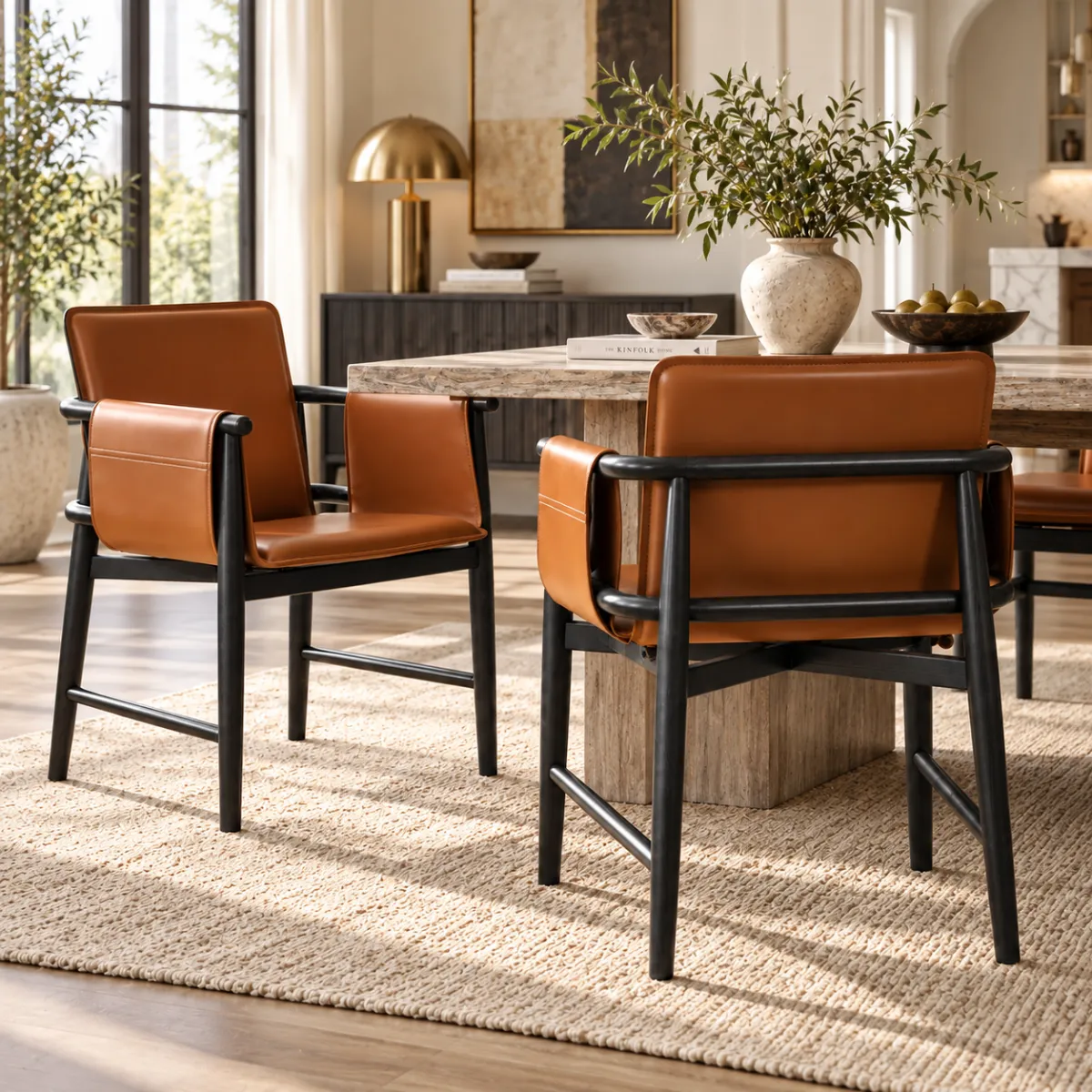 Mid-century Faux Leather Arm Dining Chair With Solid Ash Wood Frame Image - 7 | homeyfad
