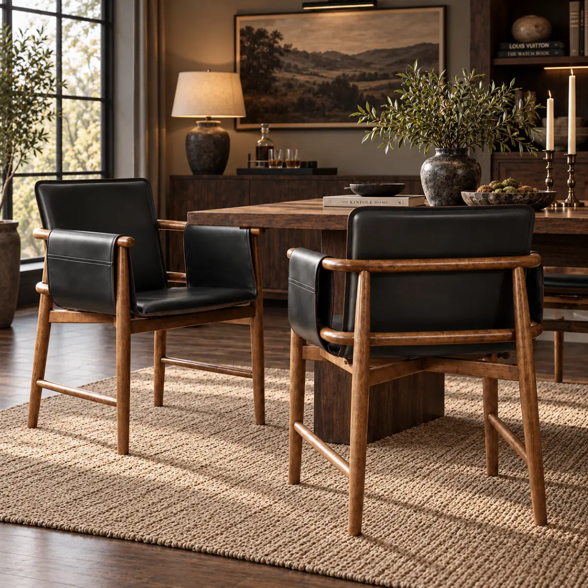 Mid-century Faux Leather Arm Dining Chair With Solid Ash Wood Frame Image - 3 | homeyfad