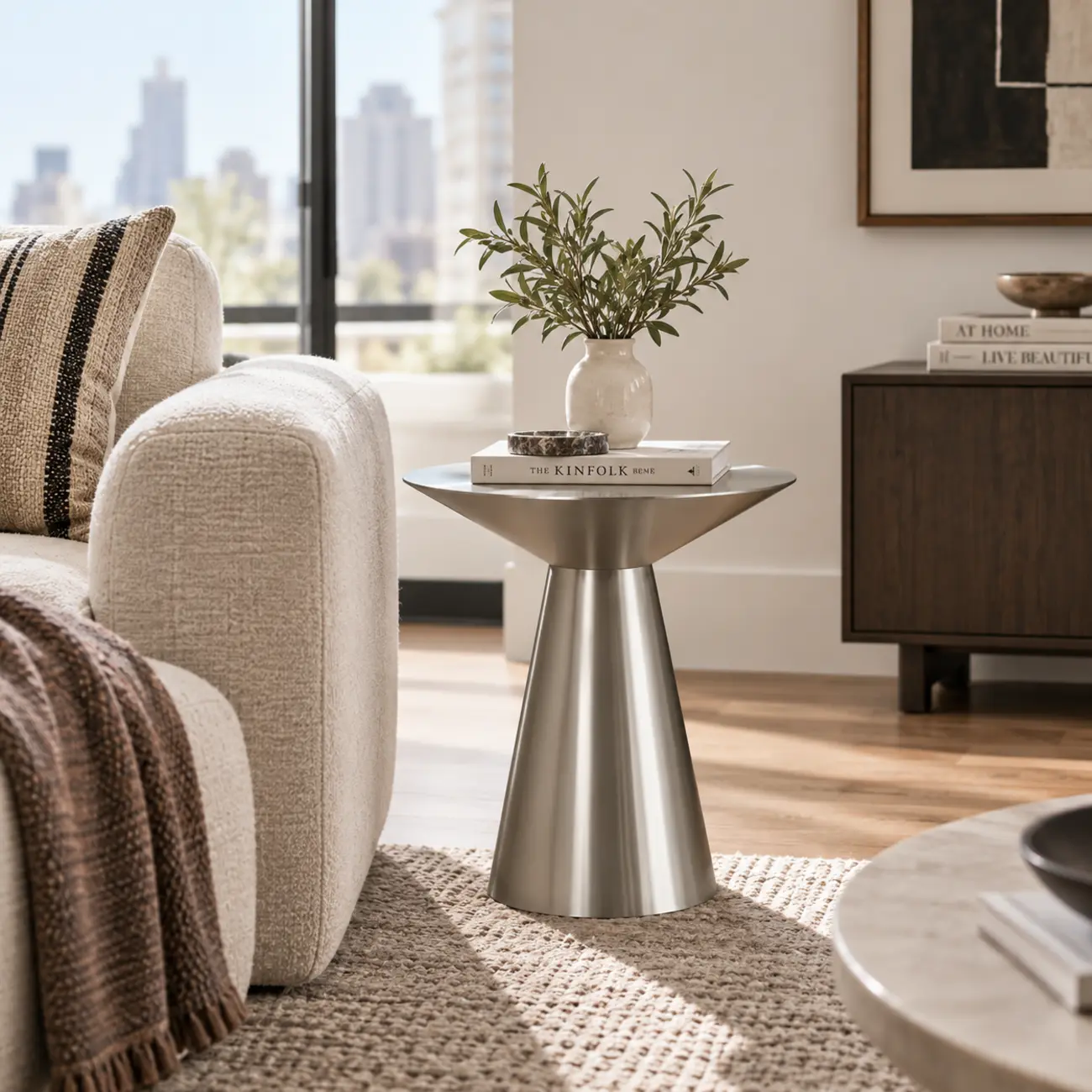 23.6"L x 23.6"W x 30"H Silver Silver Minimalist Modern Silver Metal Side Table for Living Room Image - 3 | homeyfad