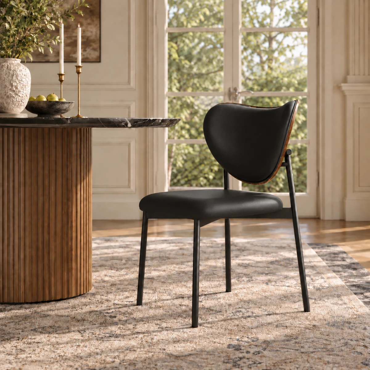 Black Mid-Century Modern Curved Back Leather Dining Chairs Image - 6 | homeyfad