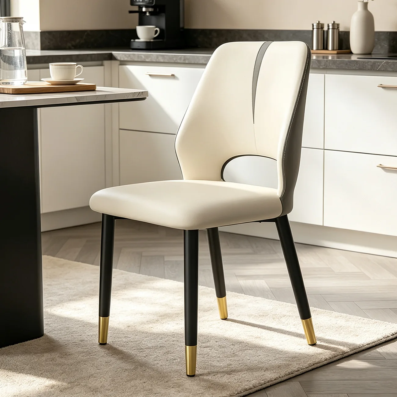 Off-White Black & Gold Faux Leather Wingback Metal Legs Dining Chairs Image - 6 | homeyfad
