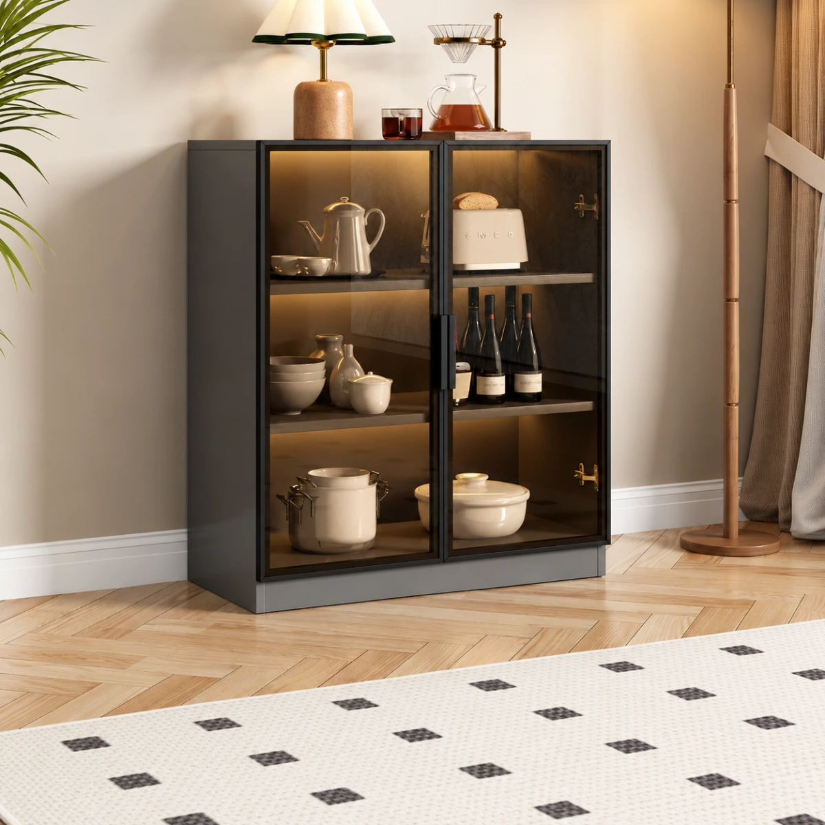 28"L x 14"W x 37"H Large 3 Shelves Glass Wood Dark Gray Sideboard with LED Light Image - 2 | homeyfad