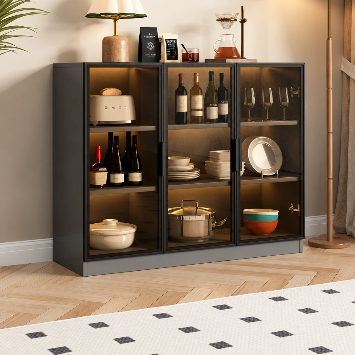 41"L x 14"W x 37"H Large 3 Shelves Glass Wood Dark Gray Sideboard with LED Light Image - 3 | homeyfad