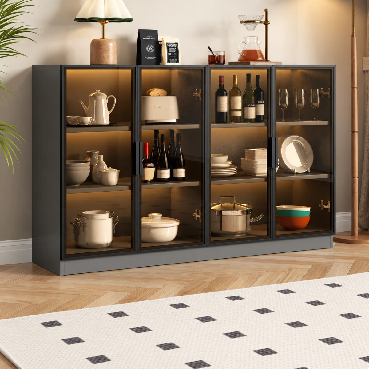 55"L x 14"W x 37"H Large 3 Shelves Glass Wood Dark Gray Sideboard with LED Light Image - 4 | homeyfad