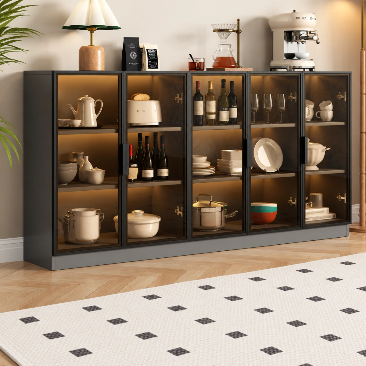 69"L x 14"W x 37"H Large 3 Shelves Glass Wood Dark Gray Sideboard with LED Light Image - 5 | homeyfad