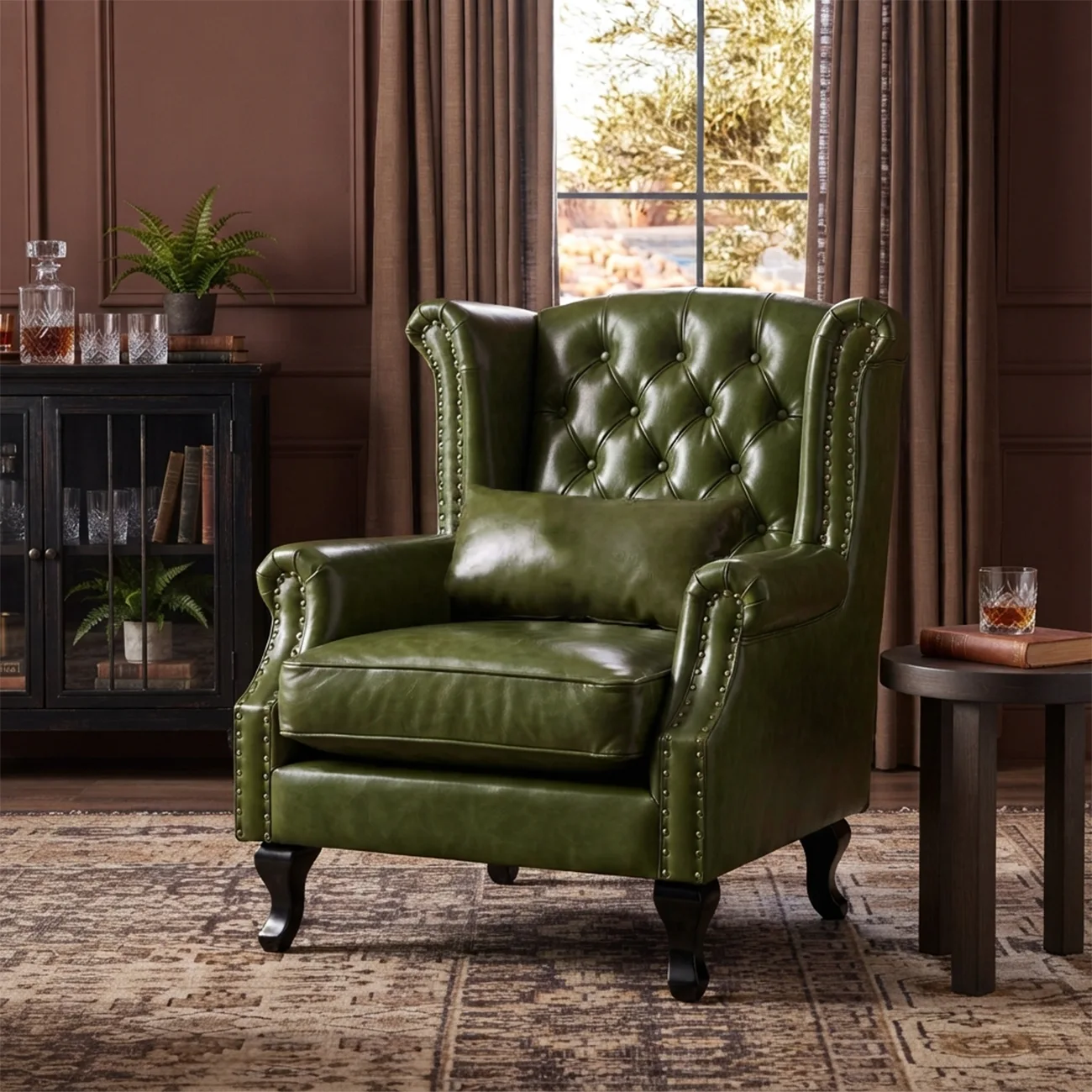 Traditional Green Leather Wingback Accent Chair with Nailhead Trim Image - 1 | homeyfad