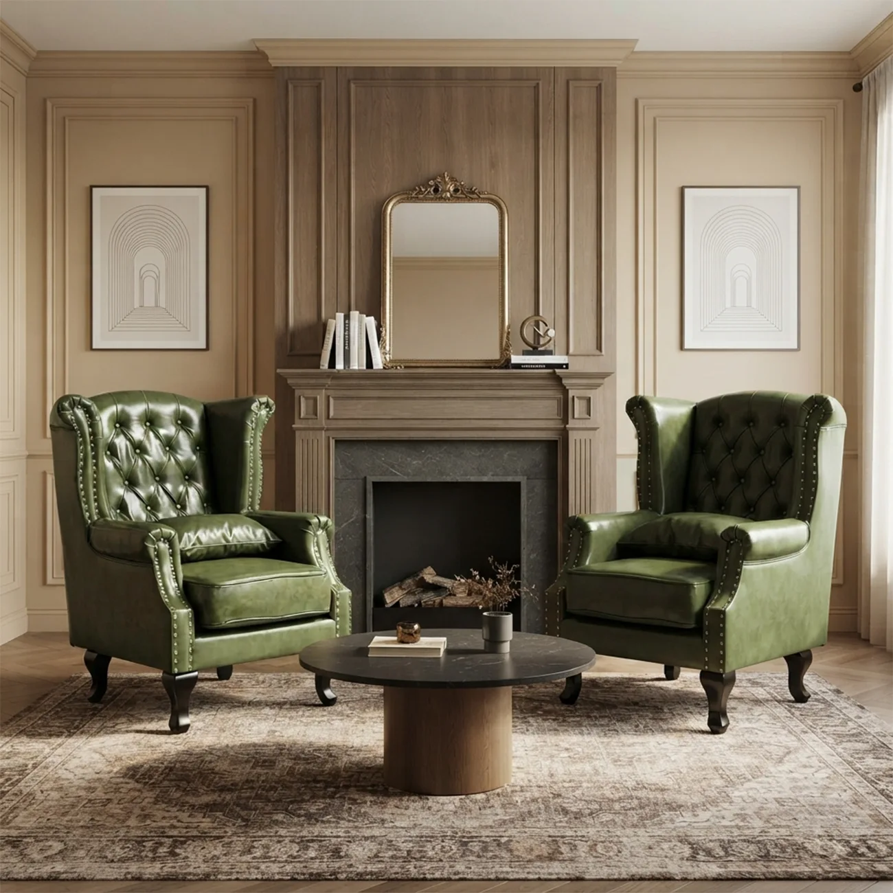 Traditional Green Leather Wingback Accent Chair with Nailhead Trim Image - 2 | homeyfad
