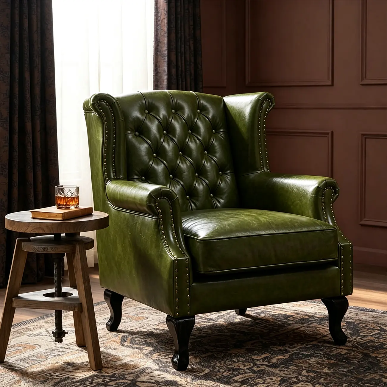 Traditional Green Leather Wingback Accent Chair with Nailhead Trim Image - 4 | homeyfad