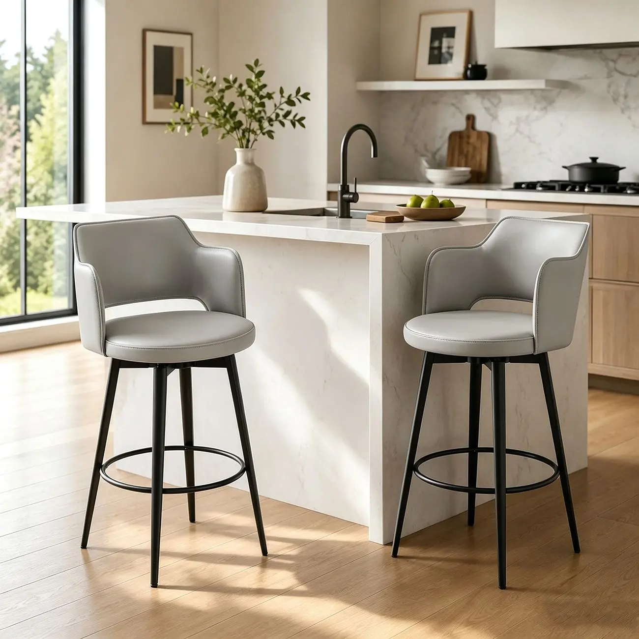 Leather Swivel Counter Height Upholstered Bar Stool with Footrest Image - 7 | homeyfad