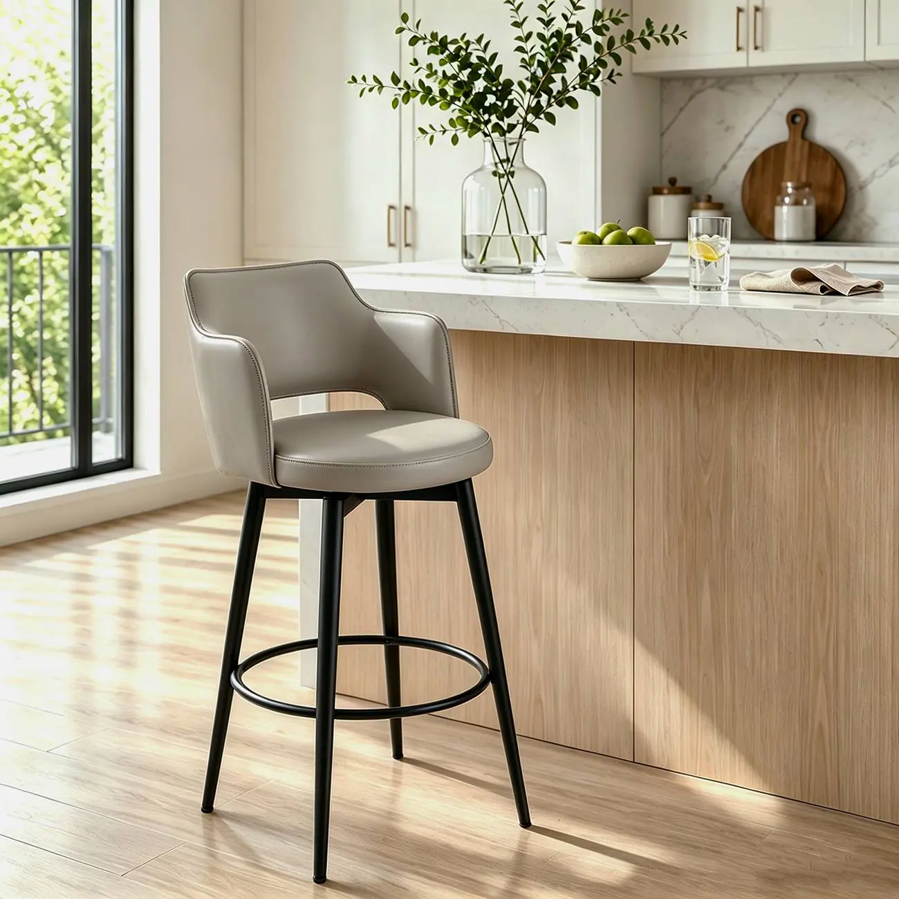 Taupe Counter Stool(26"H) Leather Swivel Counter Height Upholstered Bar Stool with Footrest Image - 8 | homeyfad