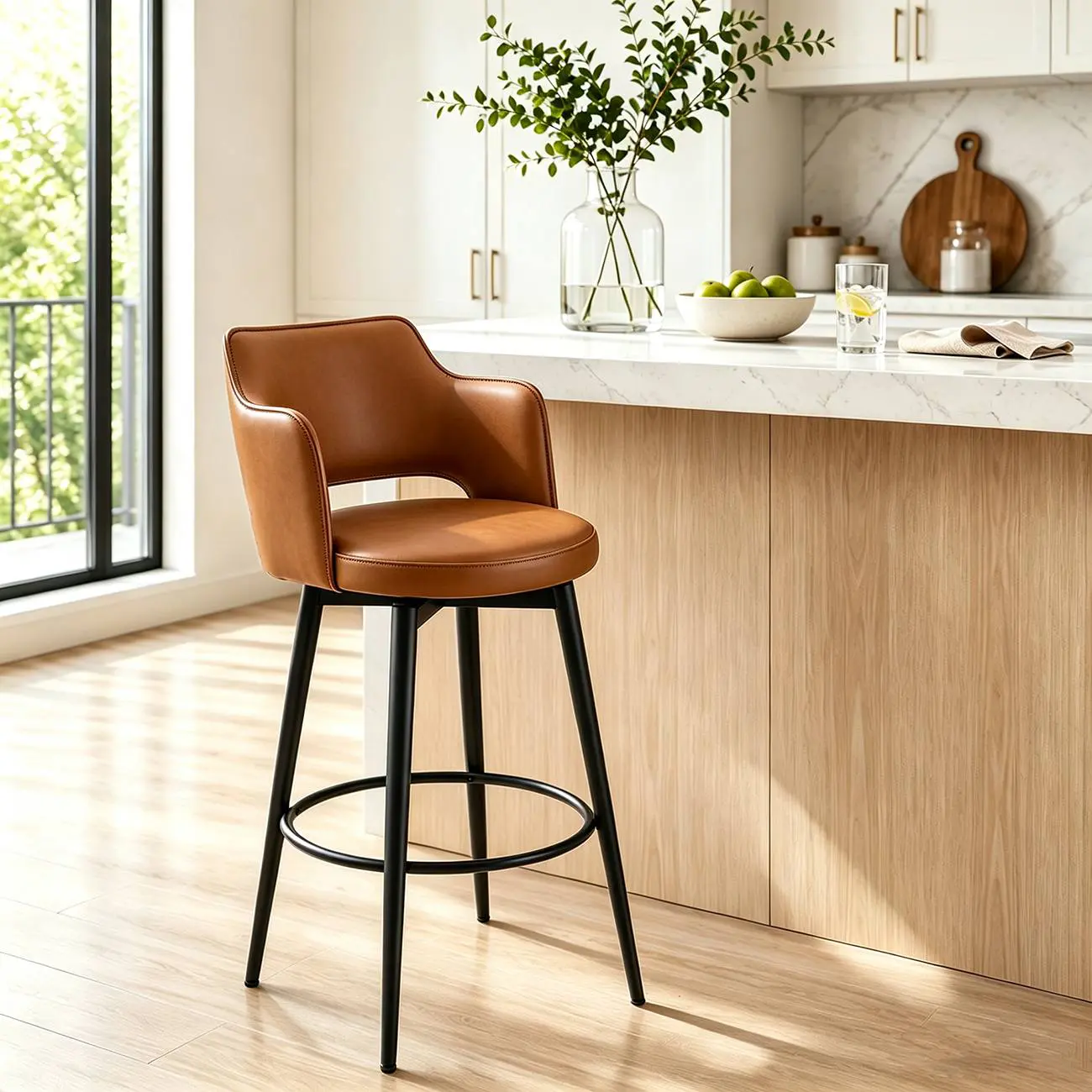 Brown Counter Stool(26"H) Leather Swivel Counter Height Upholstered Bar Stool with Footrest Image - 9 | homeyfad