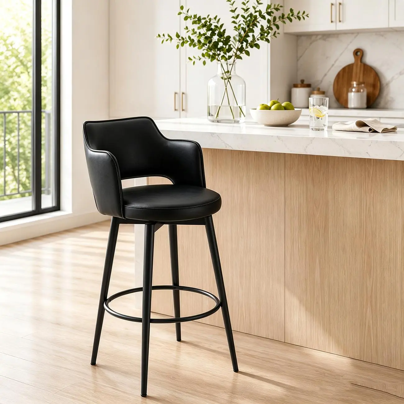 Black Counter Stool(26"H) Leather Swivel Counter Height Upholstered Bar Stool with Footrest Image - 10 | homeyfad