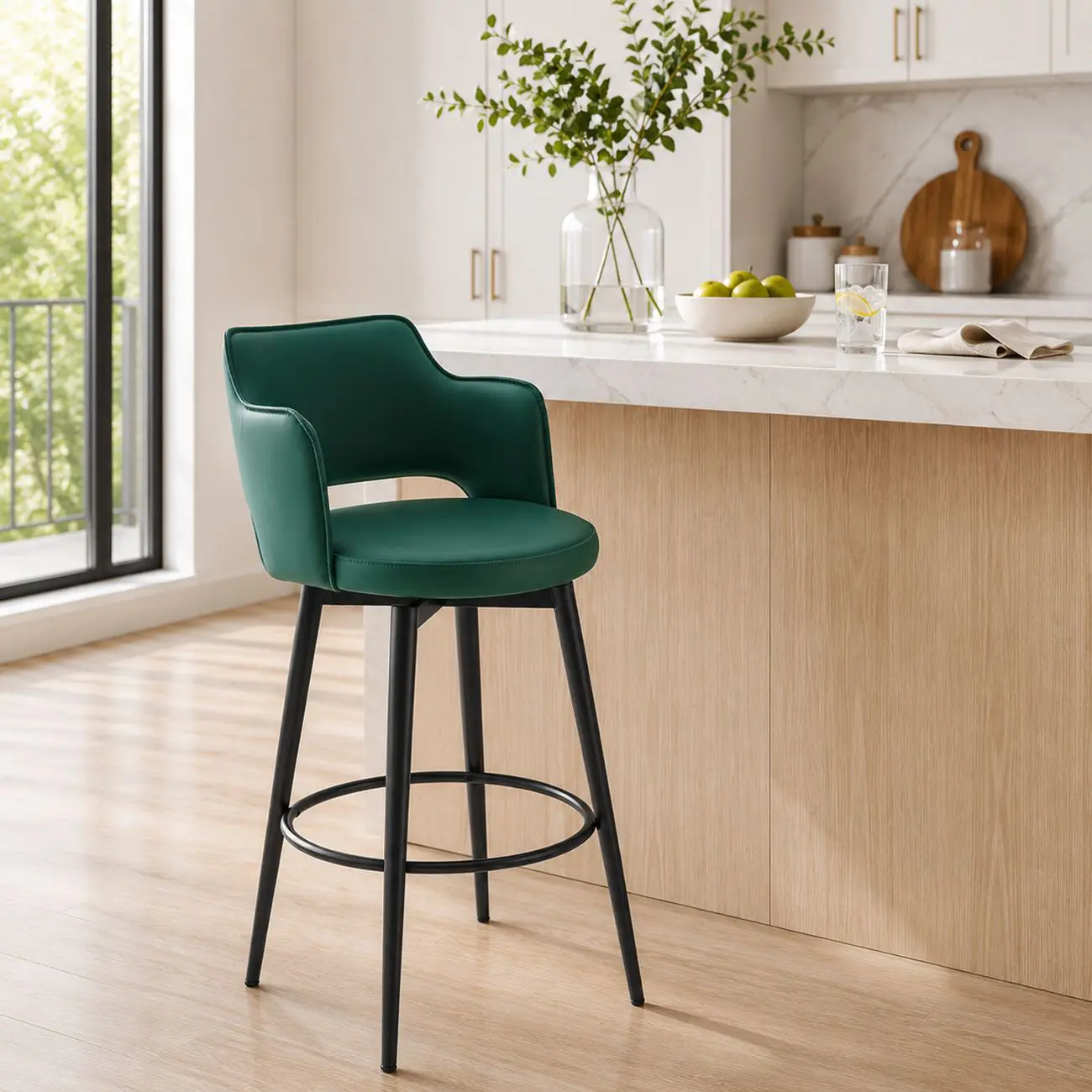 Green Counter Stool(26"H) Leather Swivel Counter Height Upholstered Bar Stool with Footrest Image - 11 | homeyfad