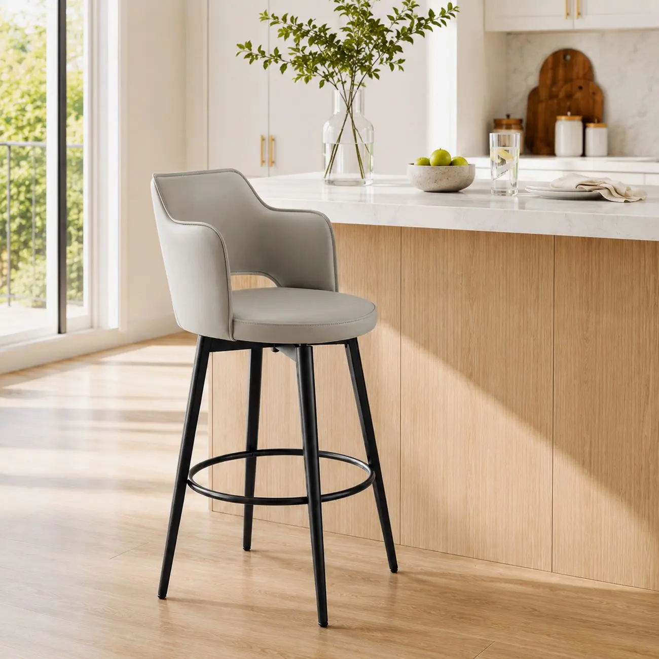 Pearl Gray Counter Stool(26"H) Leather Swivel Counter Height Upholstered Bar Stool with Footrest Image - 12 | homeyfad