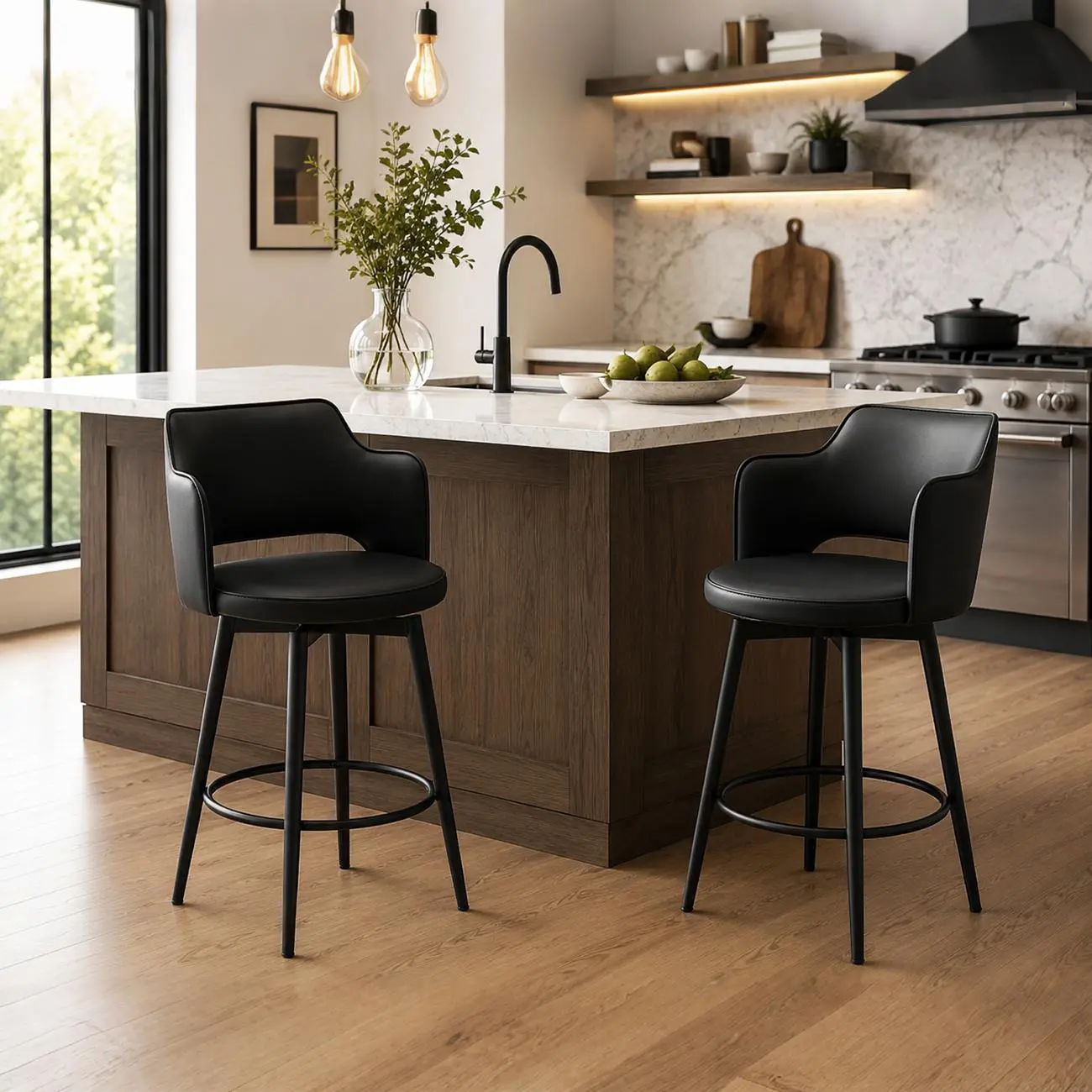 Leather Swivel Counter Height Upholstered Bar Stool with Footrest Image - 2 | homeyfad