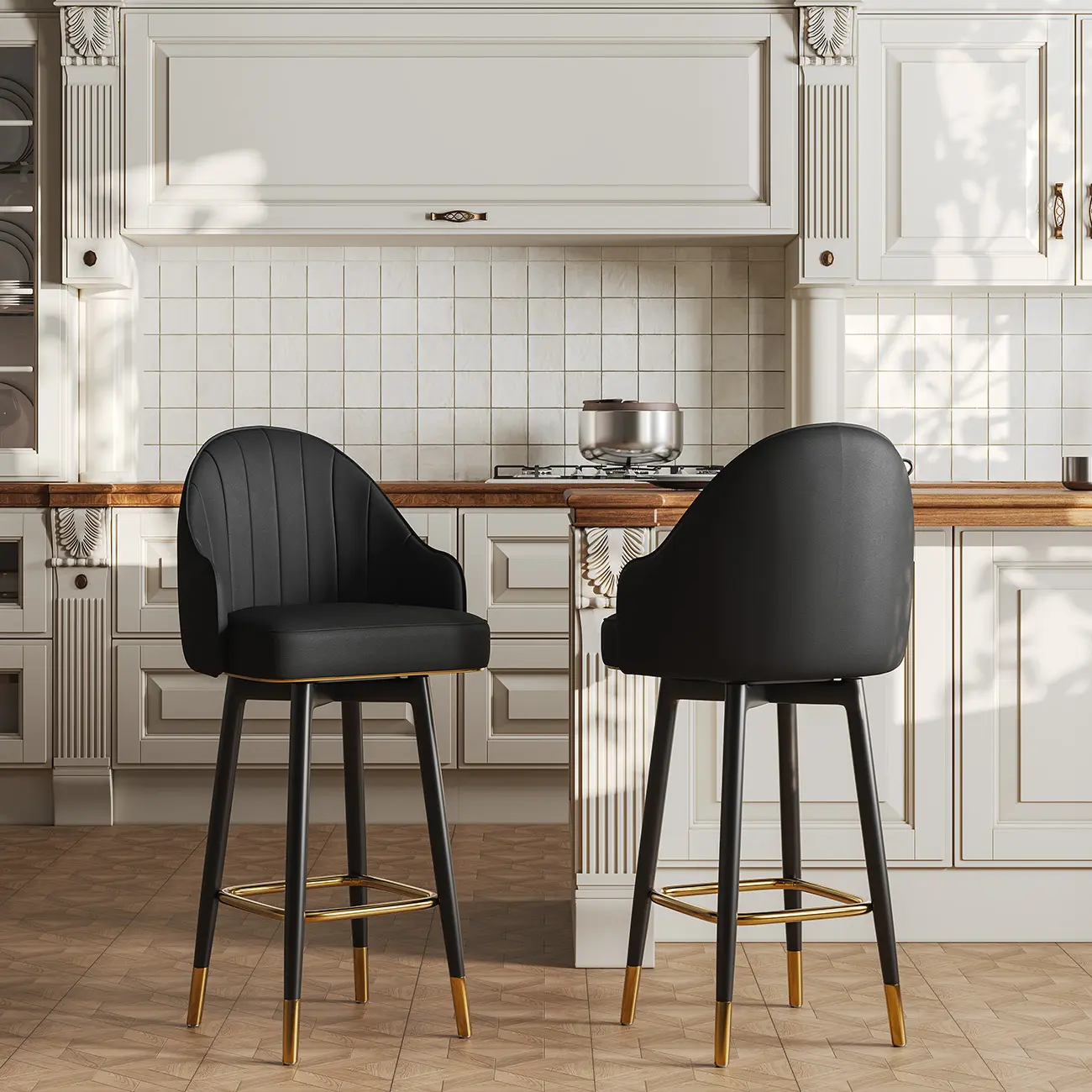 Art Deco Leather Swivel Bucket Cushioned Bar Stool Image - 6 | homeyfad