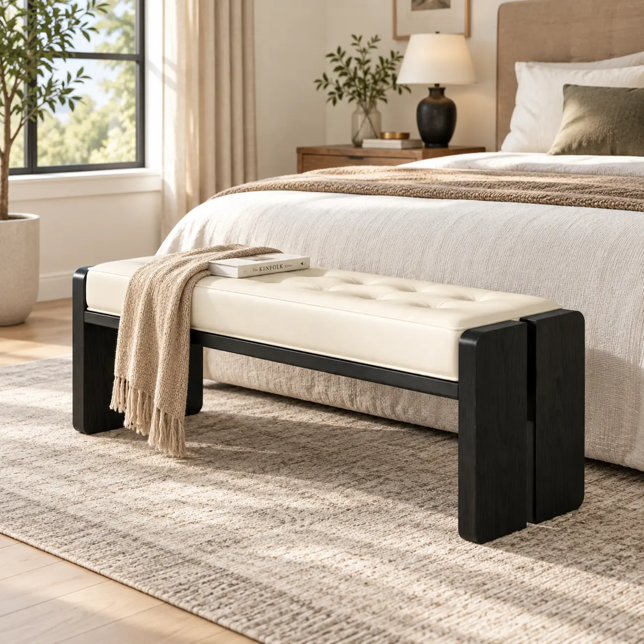 White Faux Leather Wood Upholstered Bedroom Bench Image - 1 | homeyfad