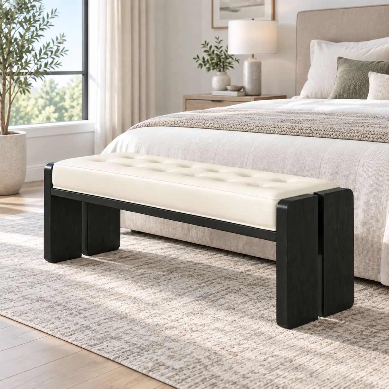 39.5"L x 14"W x 18"H White Faux Leather Wood Upholstered Bedroom Bench Image - 3 | homeyfad