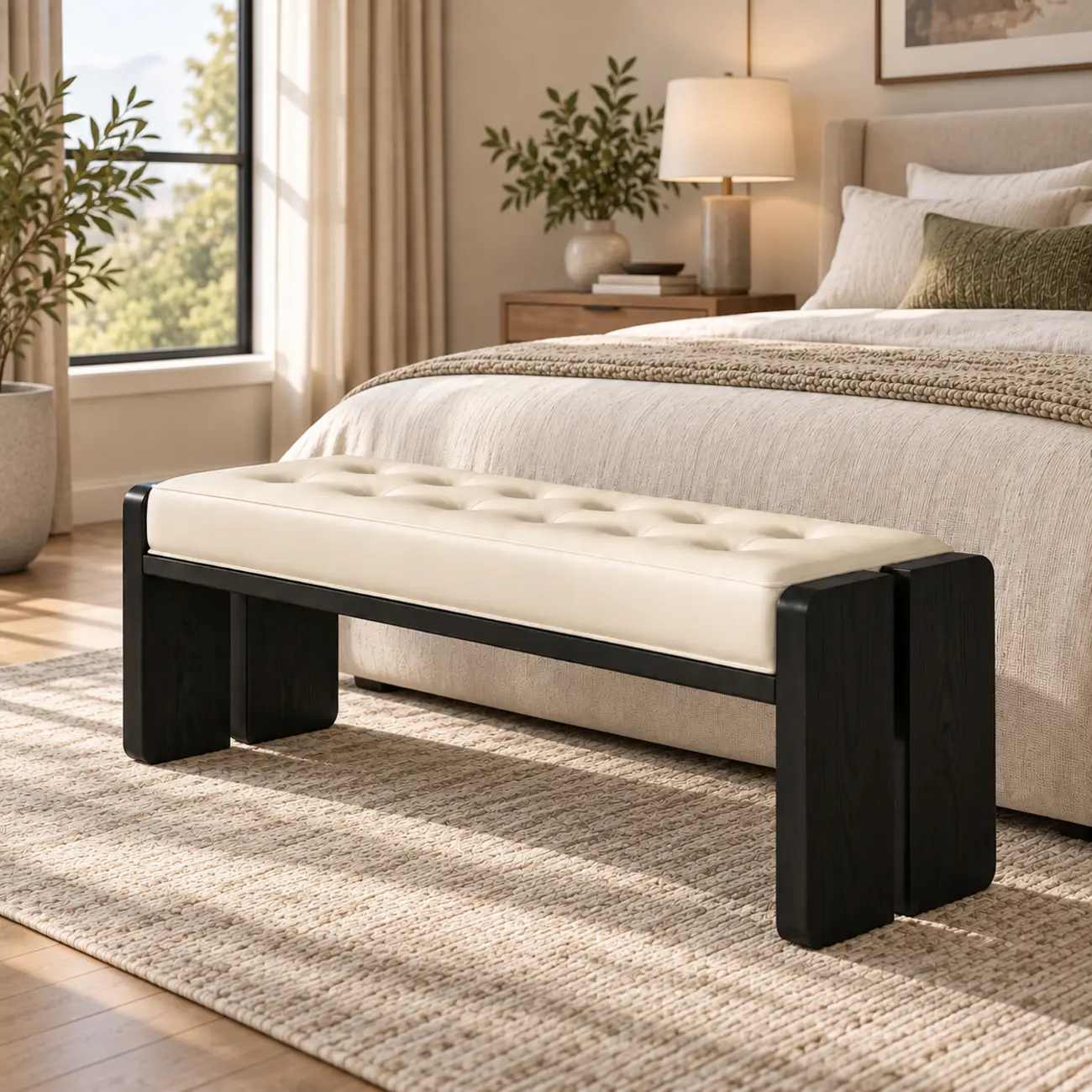 47"L x 14"W x 18"H White Faux Leather Wood Upholstered Bedroom Bench Image - 4 | homeyfad