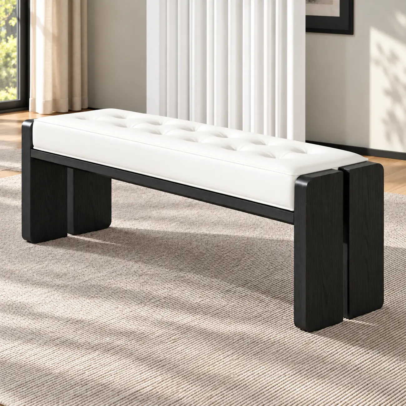 55"L x 14"W x 18"H White Faux Leather Wood Upholstered Bedroom Bench Image - 5 | homeyfad