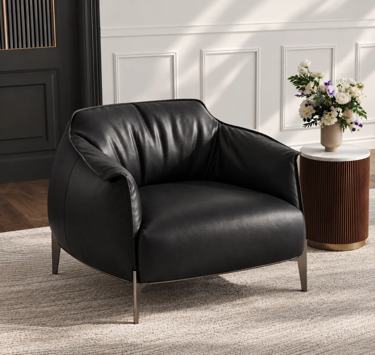 Black Comtemporary Genuine Leather Accent Chair with Stainless Steel Legs Image - 1 | homeyfad
