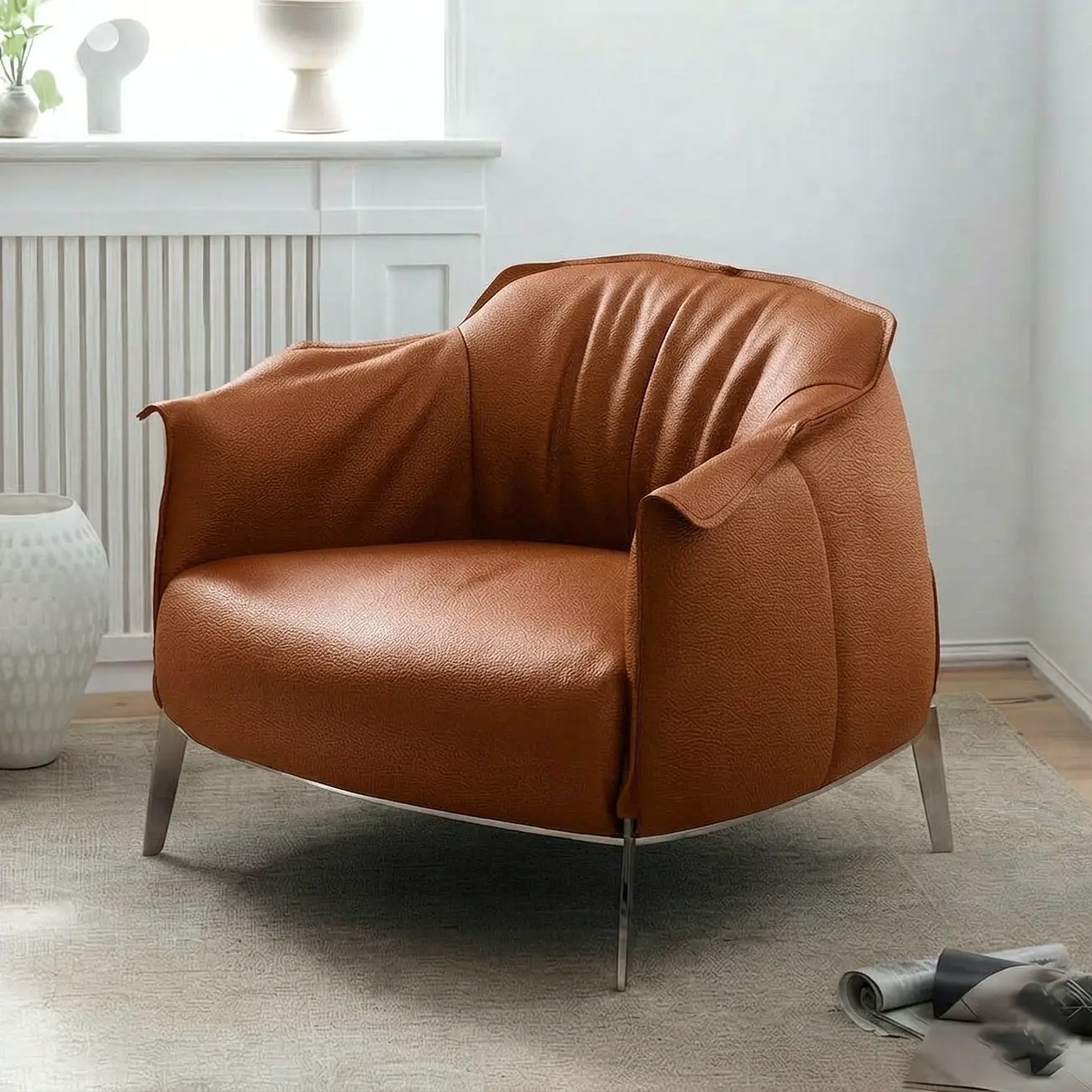 Brown Comtemporary Genuine Leather Accent Chair with Stainless Steel Legs Image - 17 | homeyfad