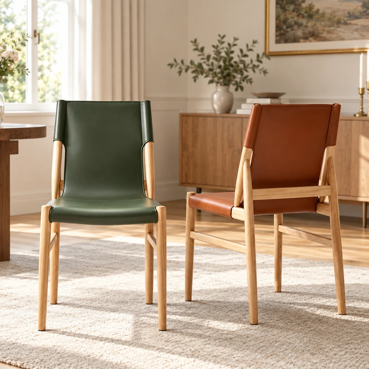 Mid-century Modern Faux Leather Dining Chairs Carbon Steel Frame Image - 2 | homeyfad