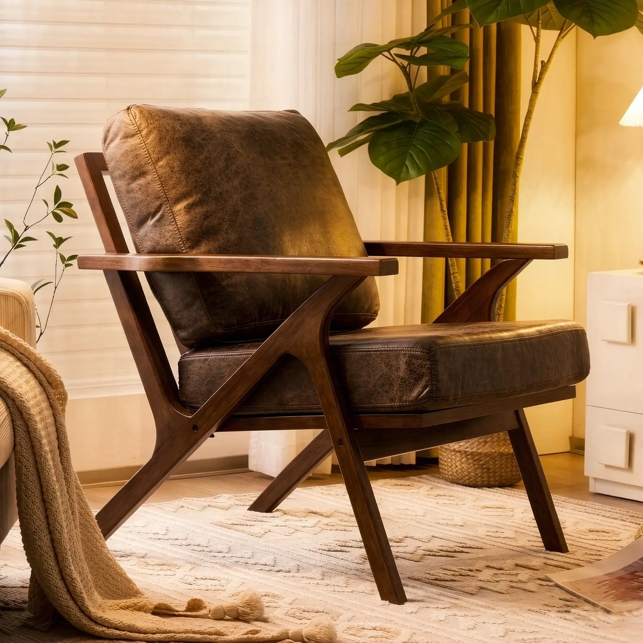 Mid-Century Modern Solid Wood Brown Arm Chair for Living Room Image - 5 | homeyfad