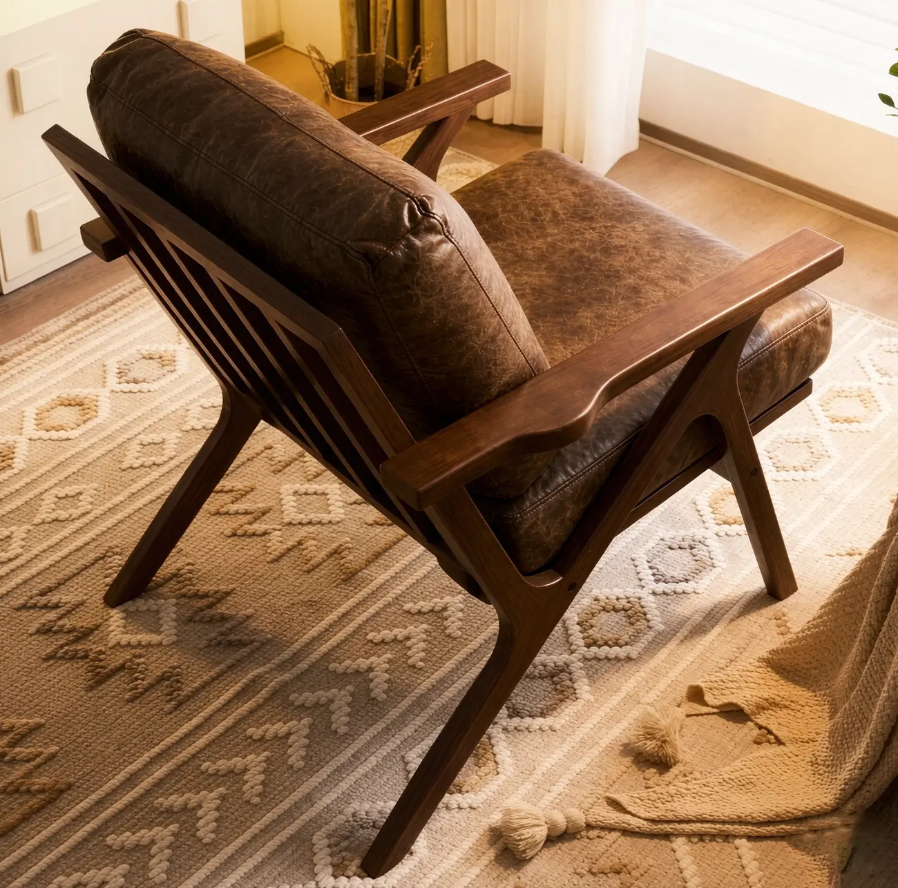 Mid-Century Modern Solid Wood Brown Arm Chair for Living Room Image - 7 | homeyfad