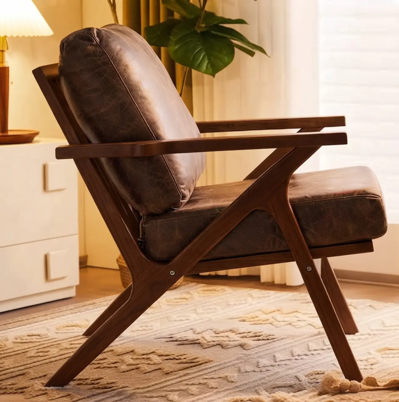 Mid-Century Modern Solid Wood Brown Arm Chair for Living Room Image - 6 | homeyfad