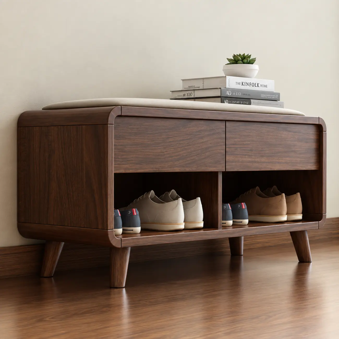 Walnut 39.4"L x 13.8"W x 18.1"H Entryway Natural Wood Shoe Storage Bench with Drawers Image - 7 | homeyfad